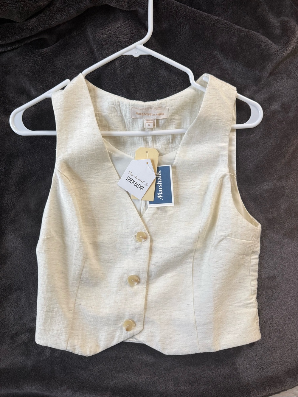 Linen-Blend Cream Button Front Vest Top